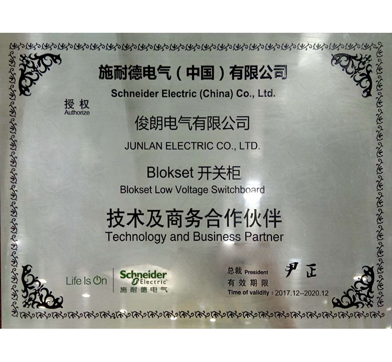 施耐德電氣（中國(guó)）有限公司授權(quán)俊朗電氣有限公司Blikset開(kāi)關(guān)柜技術(shù)及商務(wù)合作伙伴
